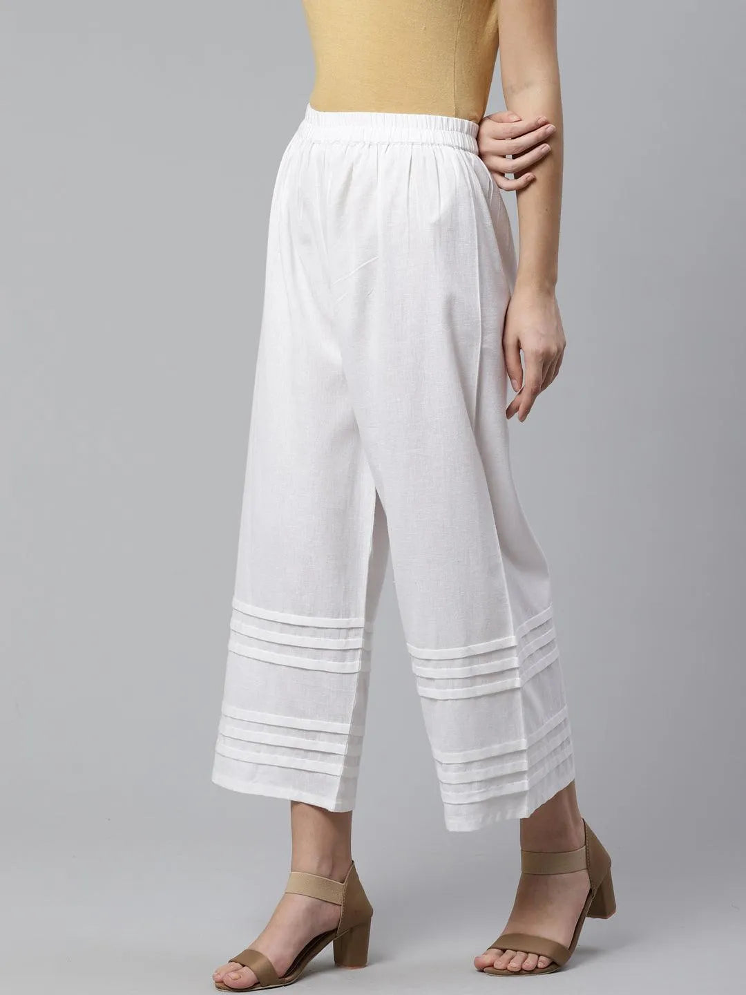 White Solid Rayon Palazzos - Libas 