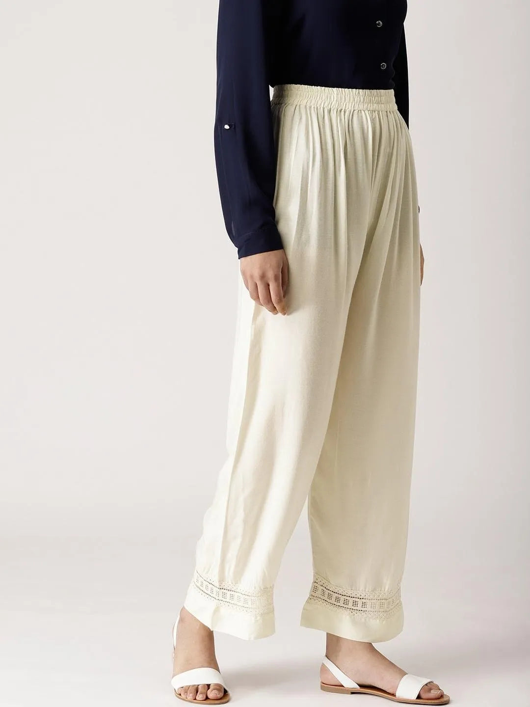 White Solid Rayon Palazzos - Libas 