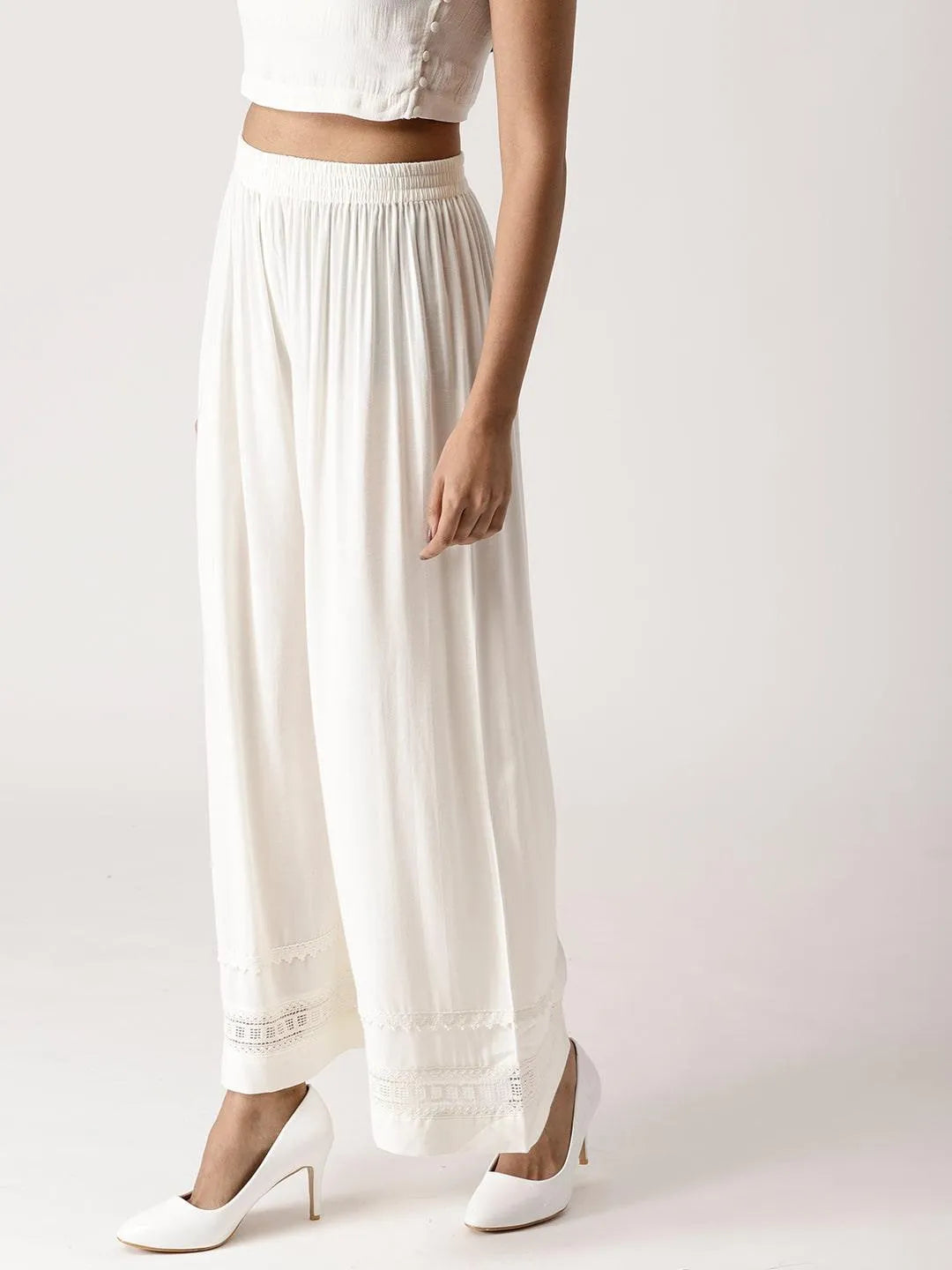 White Solid Rayon Palazzos - Libas 