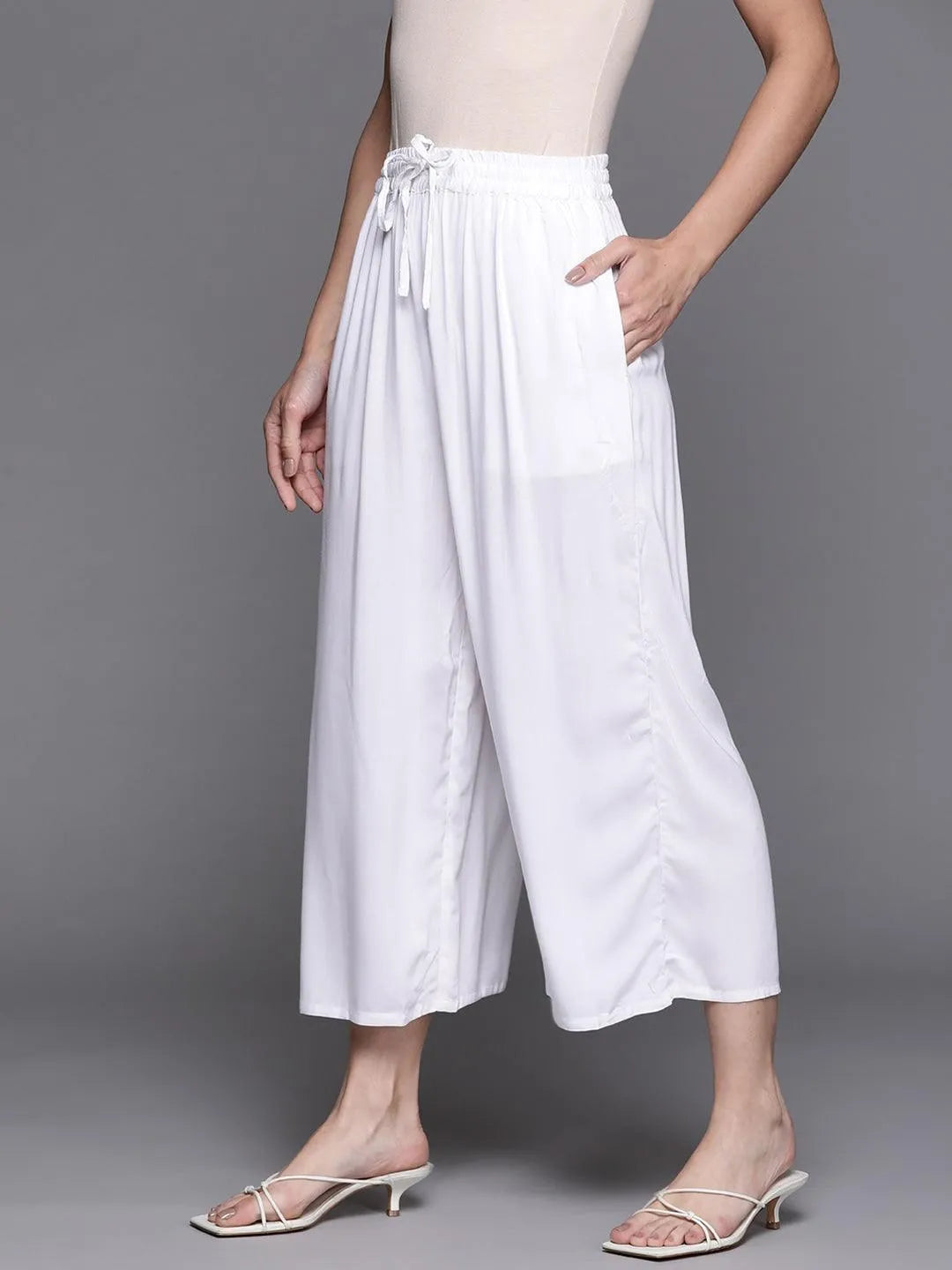 White Solid Rayon Palazzos - Libas 