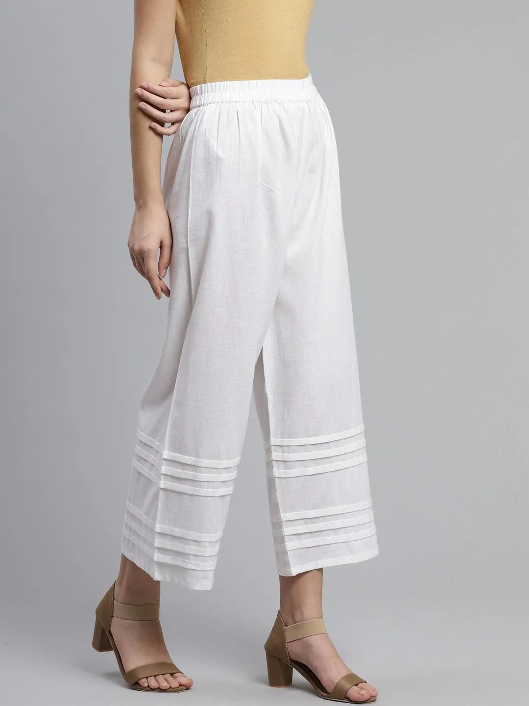 White Solid Rayon Palazzos - Libas 