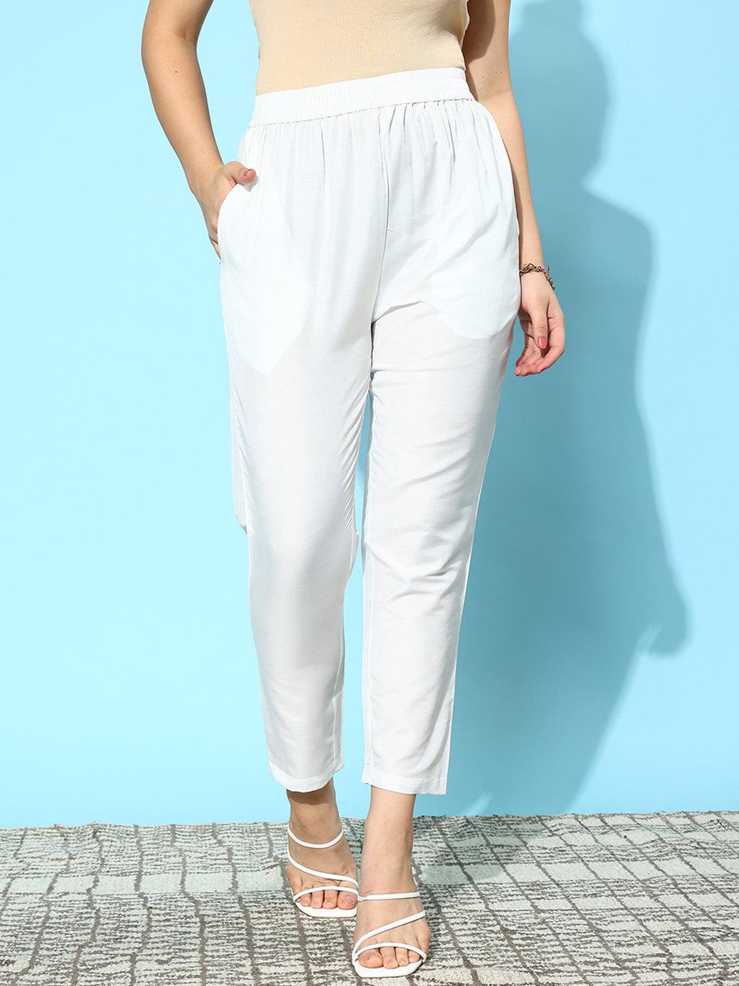 White Solid Silk Trousers - Libas 