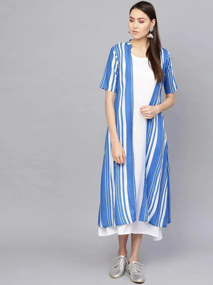 White Striped Cotton Dress With Jacket - Libas