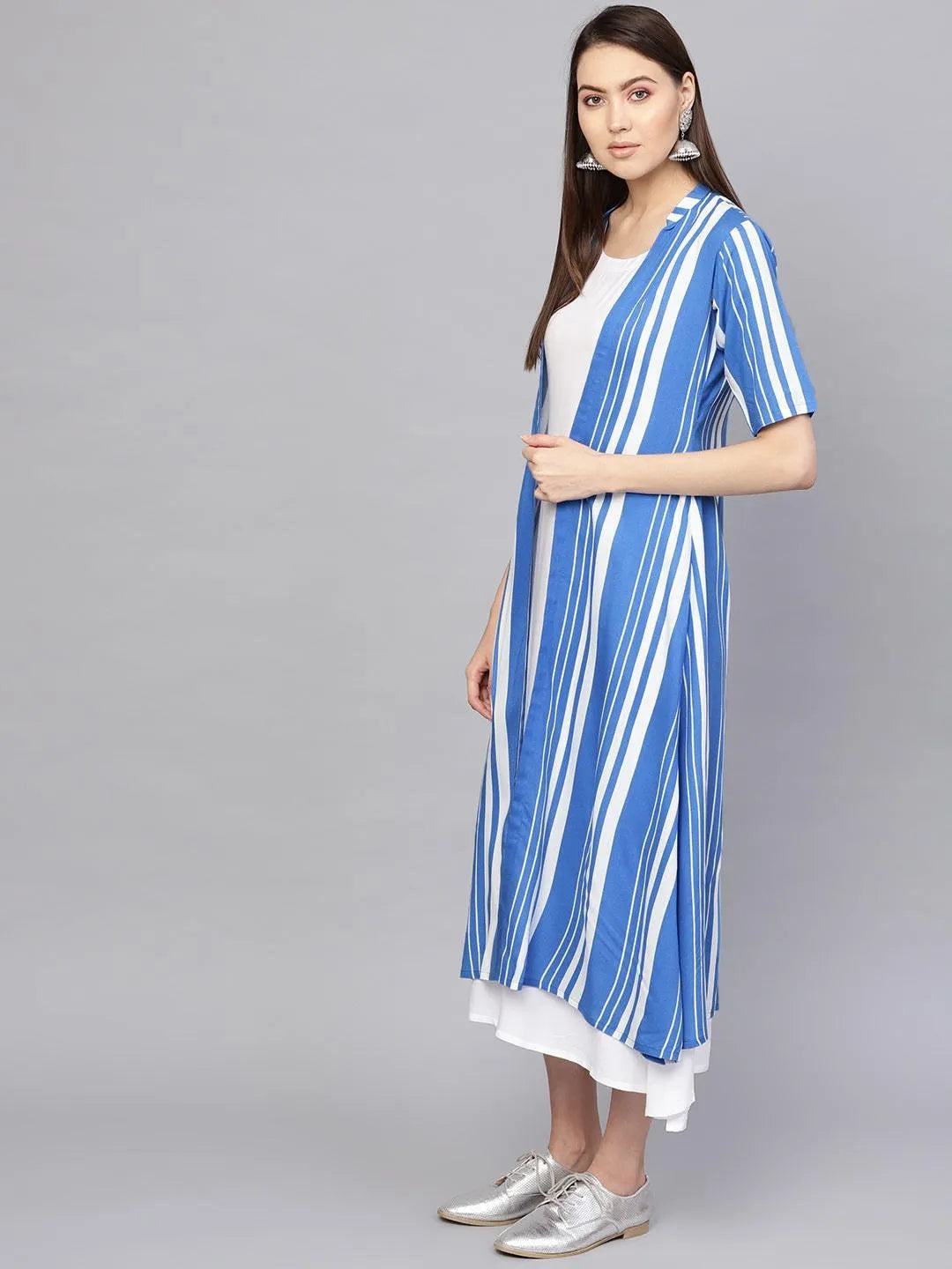 White Striped Cotton Dress With Jacket - Libas 