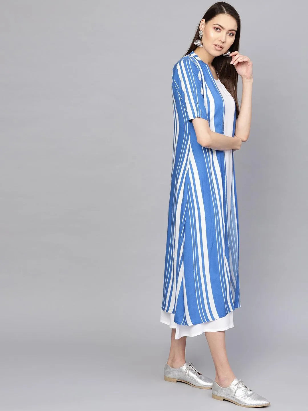 White Striped Cotton Dress With Jacket - Libas