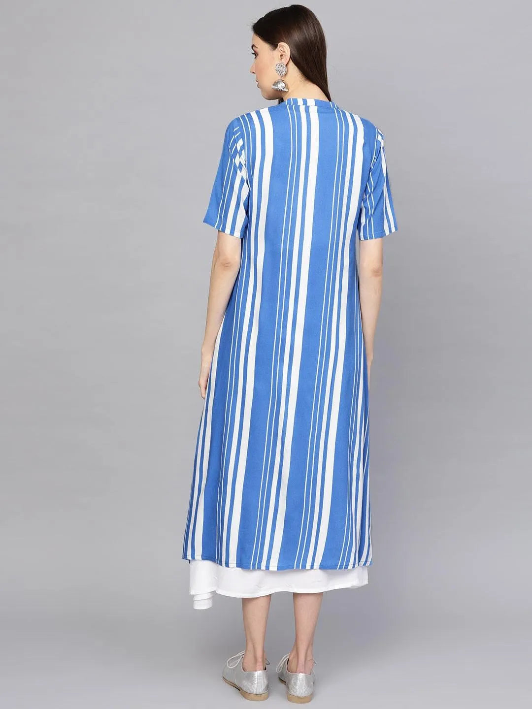 White Striped Cotton Dress With Jacket - Libas