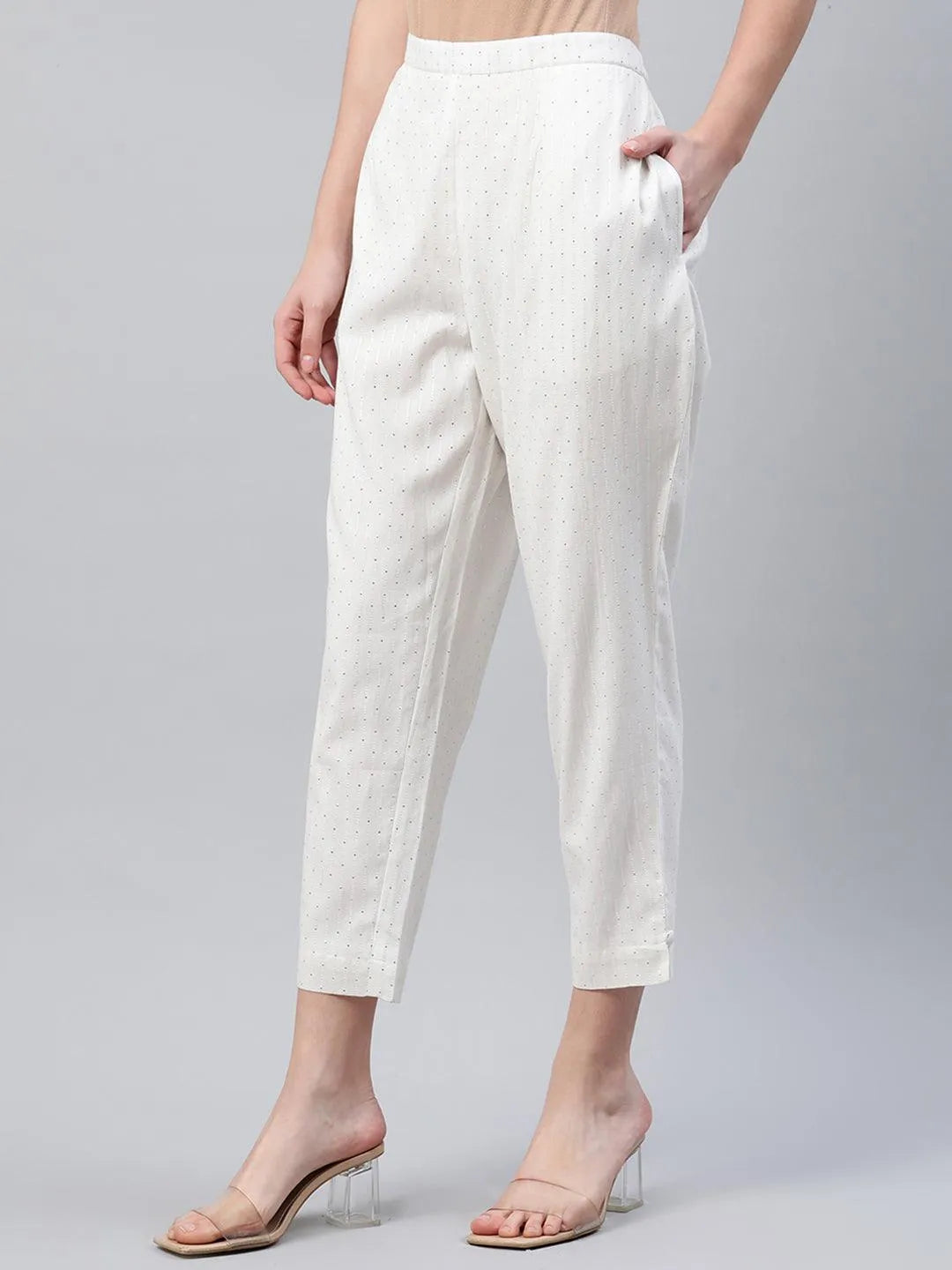 White Striped Cotton Trousers - Libas 