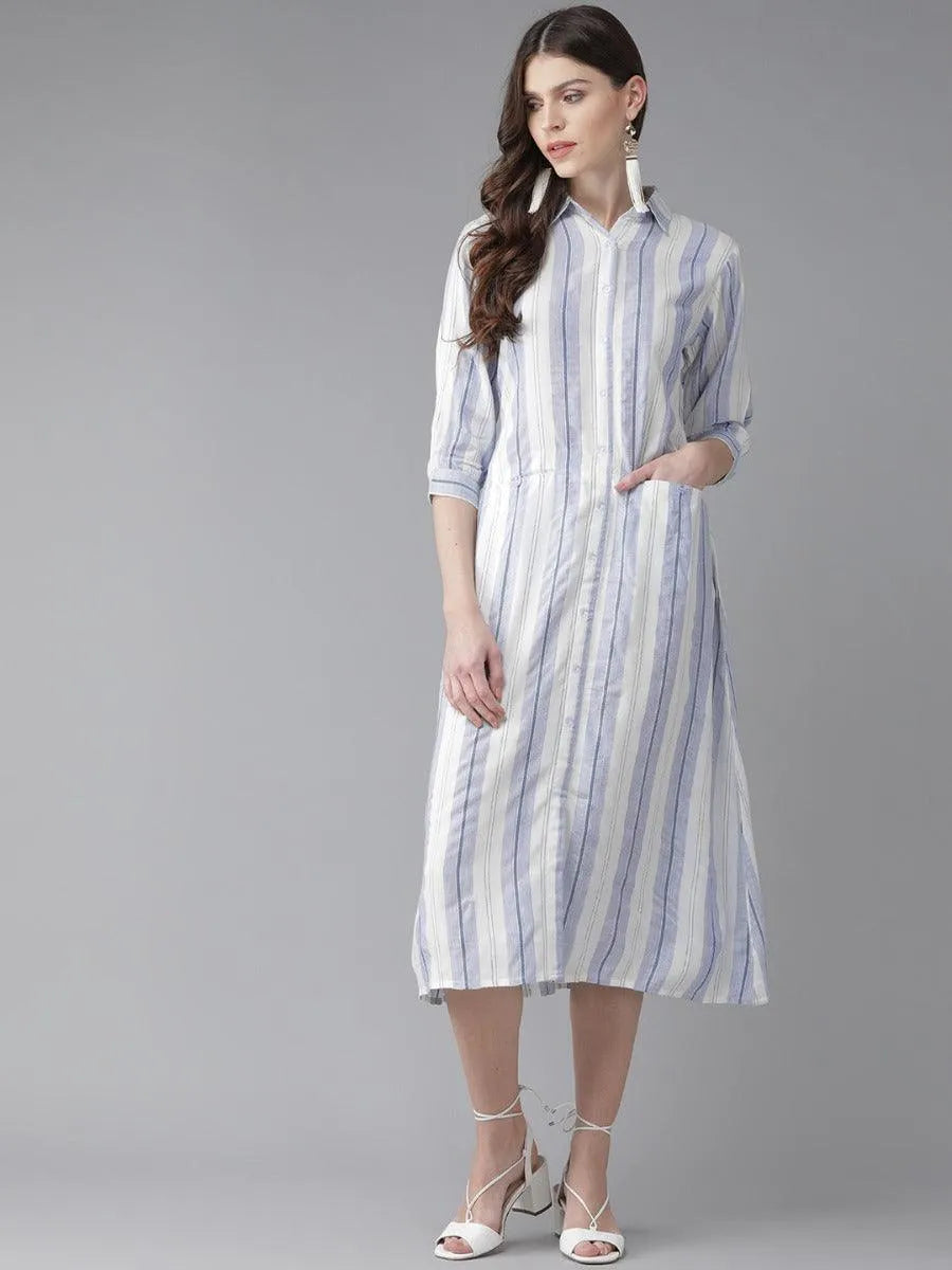 White Striped Rayon Dress - Libas 