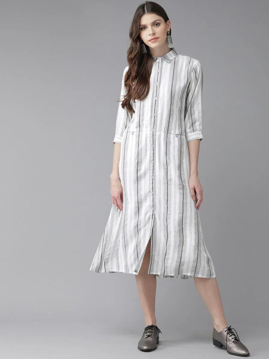 White Striped Rayon Dress - Libas 