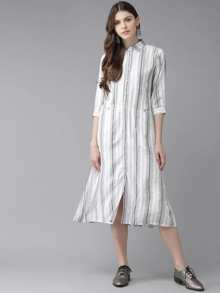 White Striped Rayon Dress - Libas