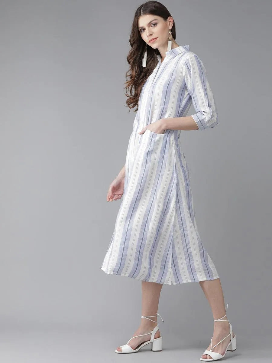 White Striped Rayon Dress - Libas 