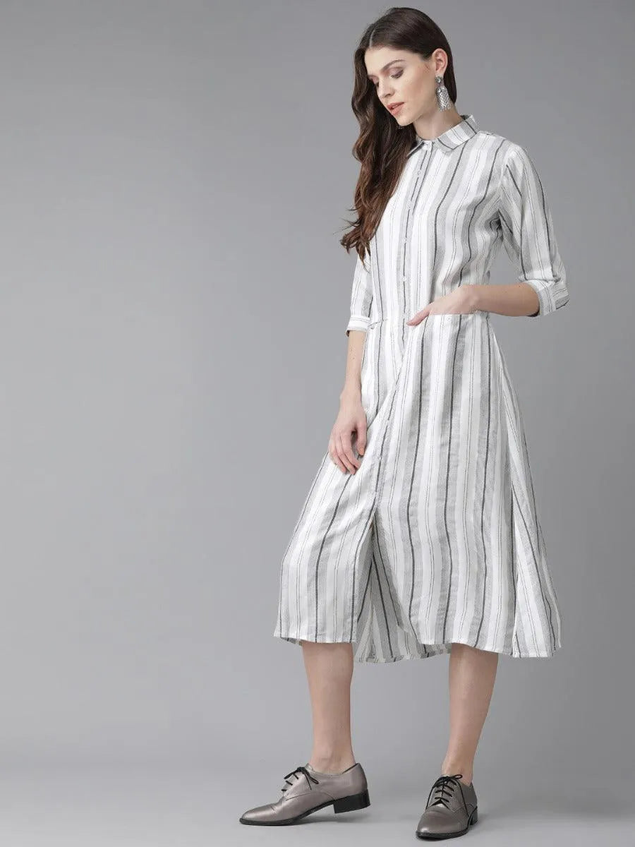 White Striped Rayon Dress - Libas 