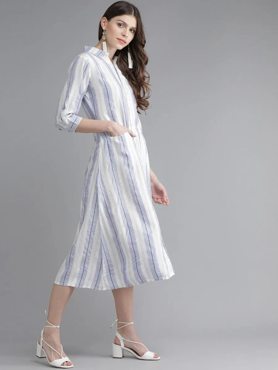 White Striped Rayon Dress - Libas 