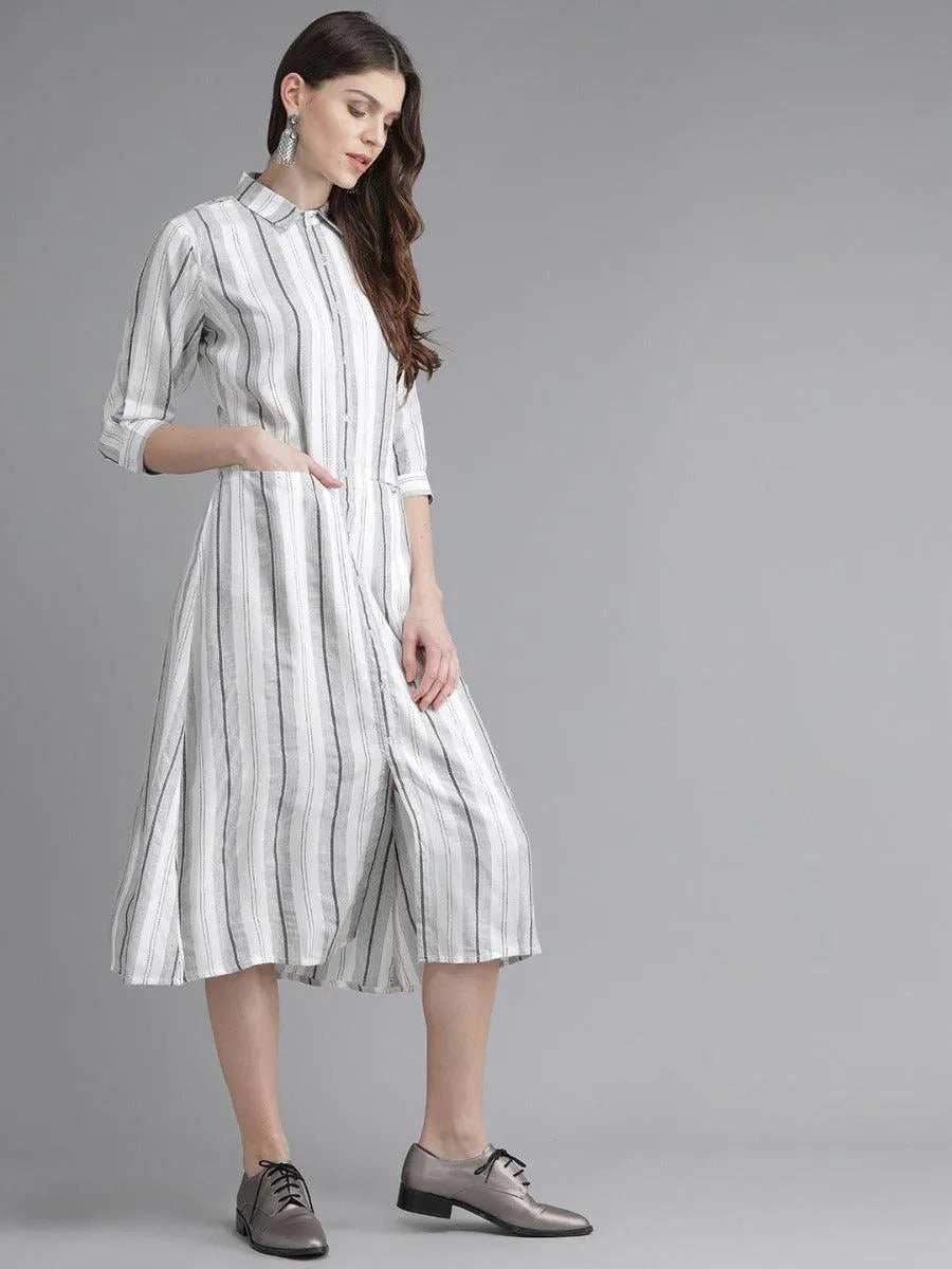 White Striped Rayon Dress - Libas 