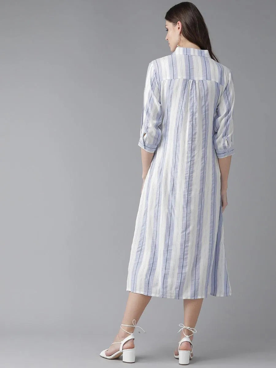 White Striped Rayon Dress - Libas