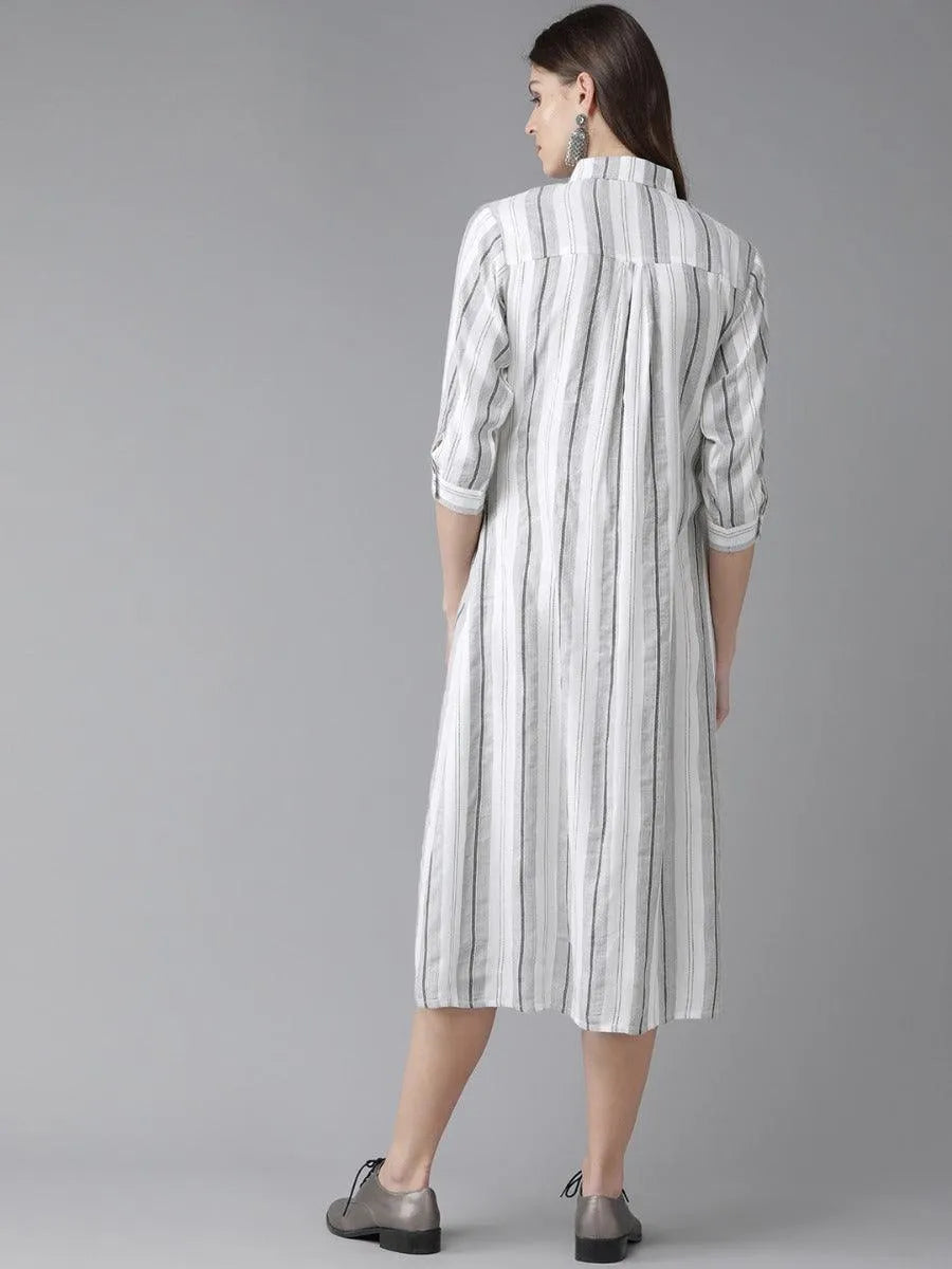 White Striped Rayon Dress - Libas 