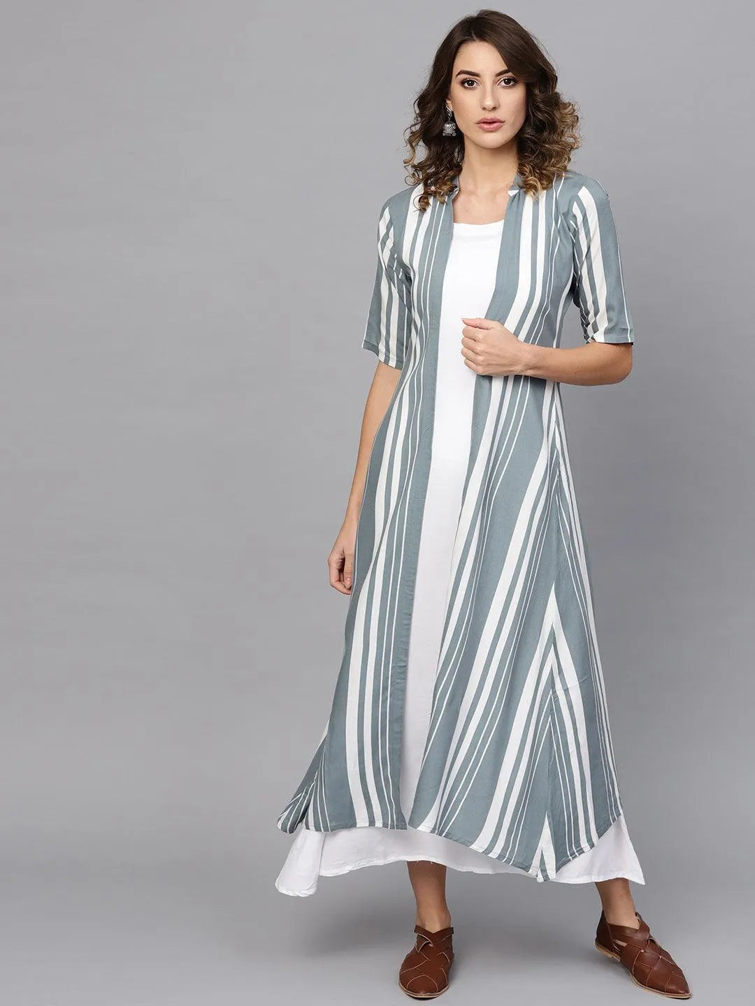 White Striped Rayon Dress With Jacket - Libas 