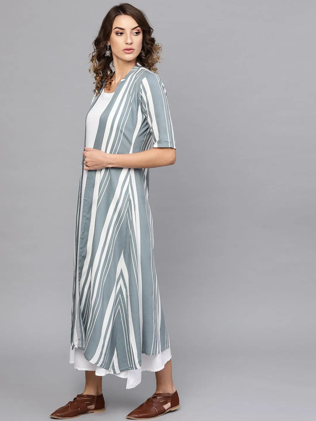 White Striped Rayon Dress With Jacket - Libas 