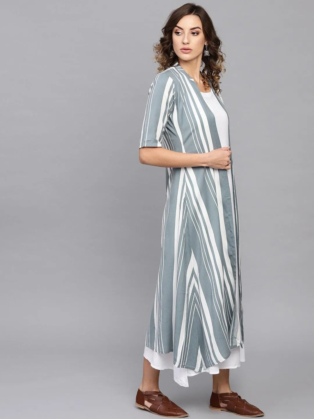 White Striped Rayon Dress With Jacket - Libas 