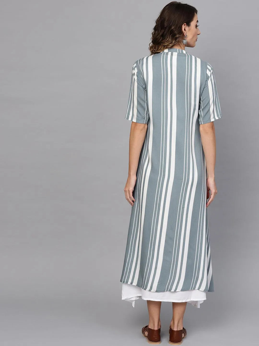 White Striped Rayon Dress With Jacket - Libas