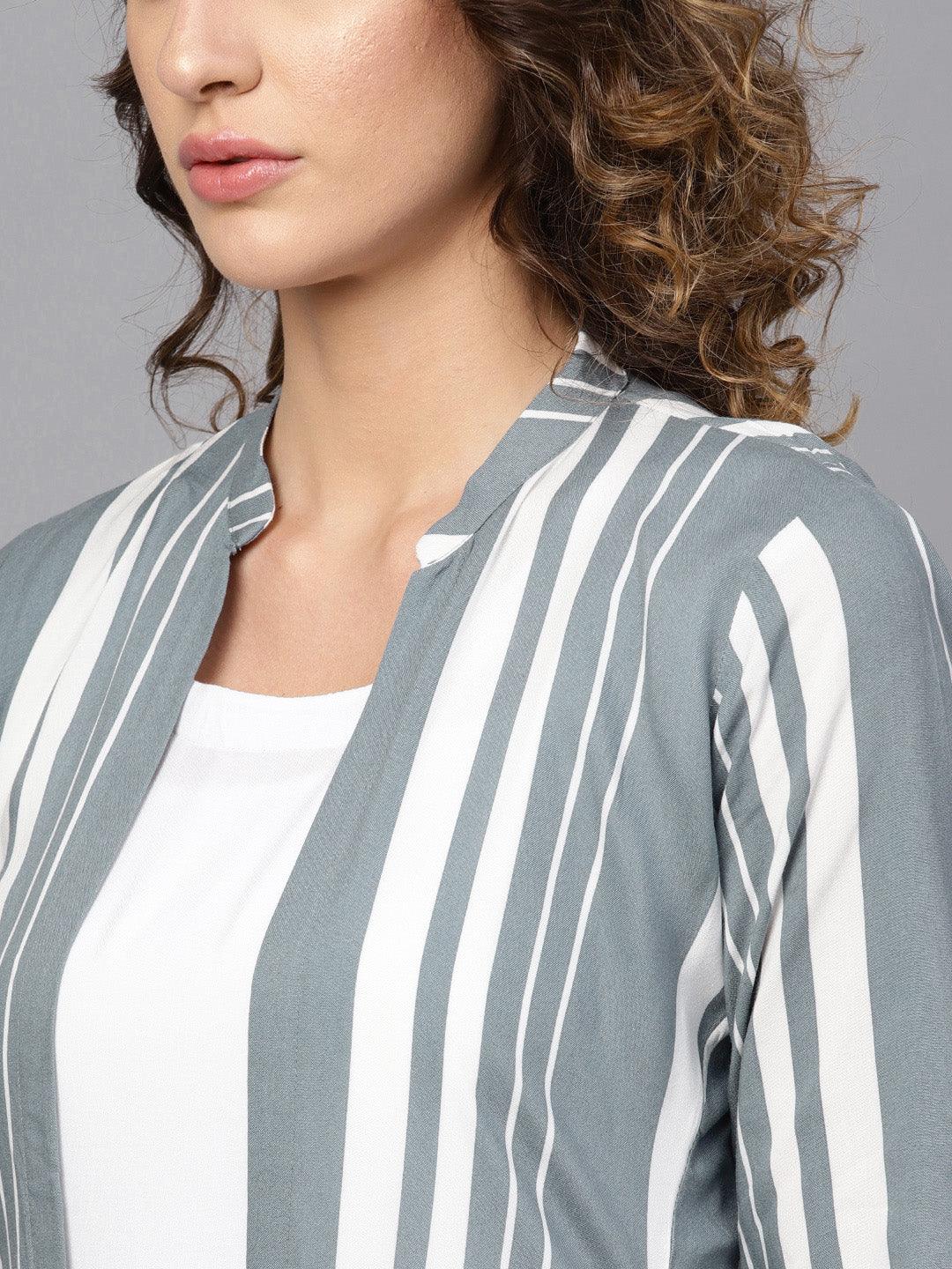 White Striped Rayon Dress With Jacket