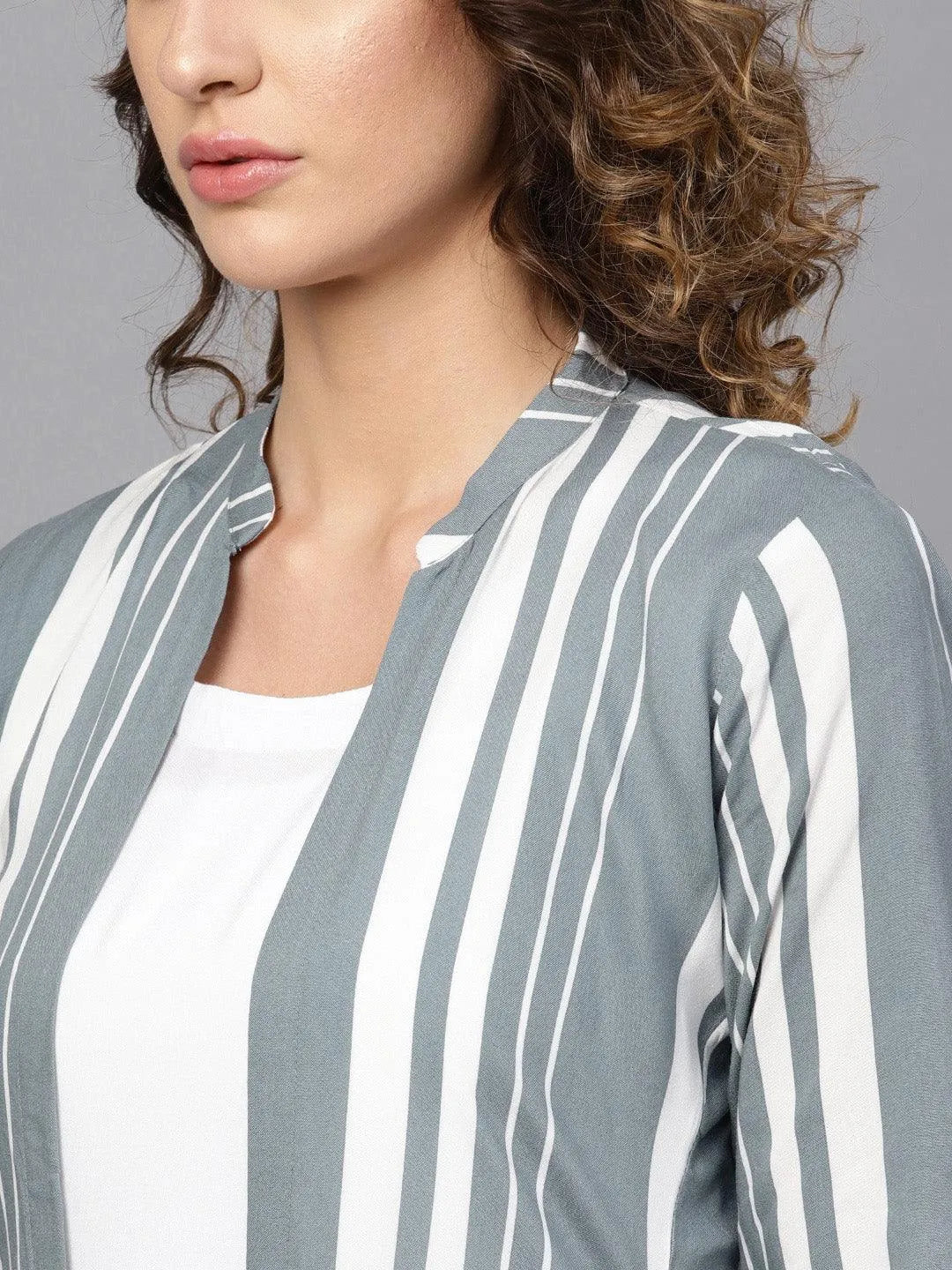 White Striped Rayon Dress With Jacket - Libas 