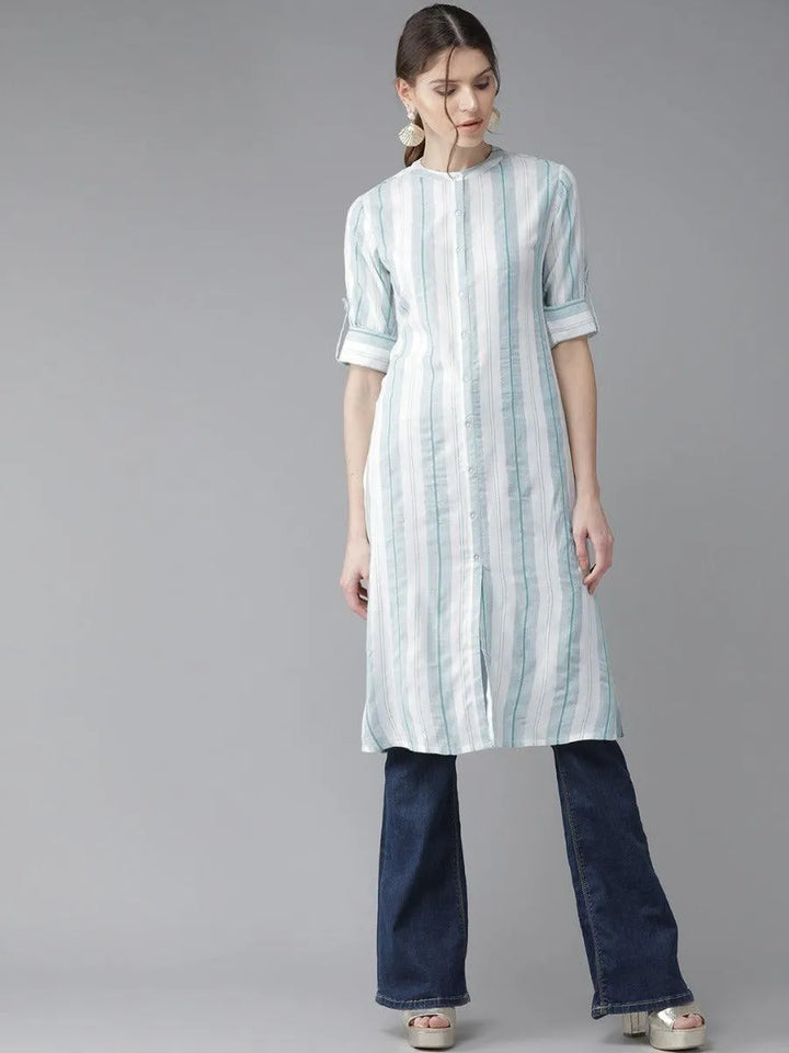 White Striped Rayon Kurta - Libas