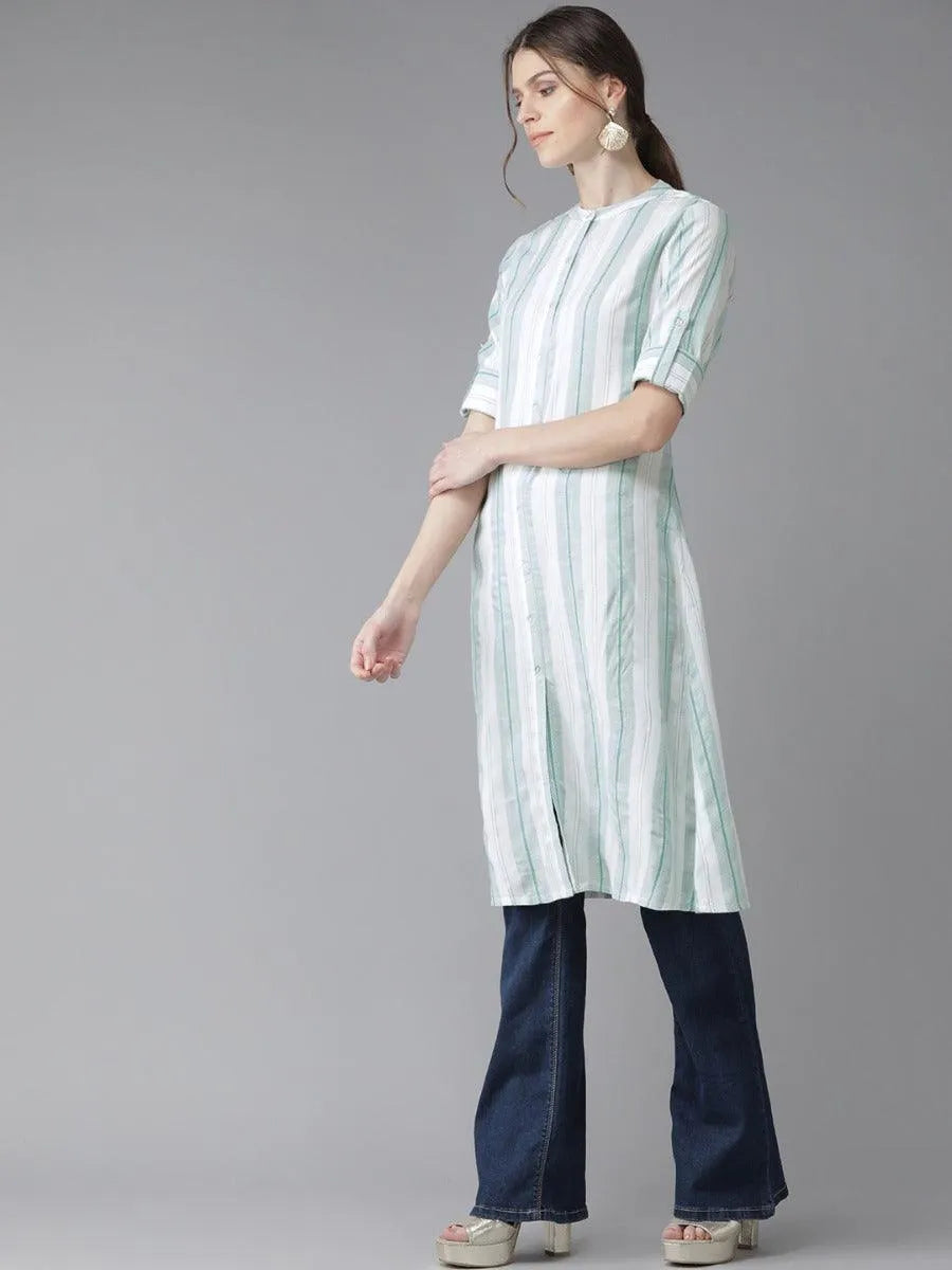 White Striped Rayon Kurta - Libas