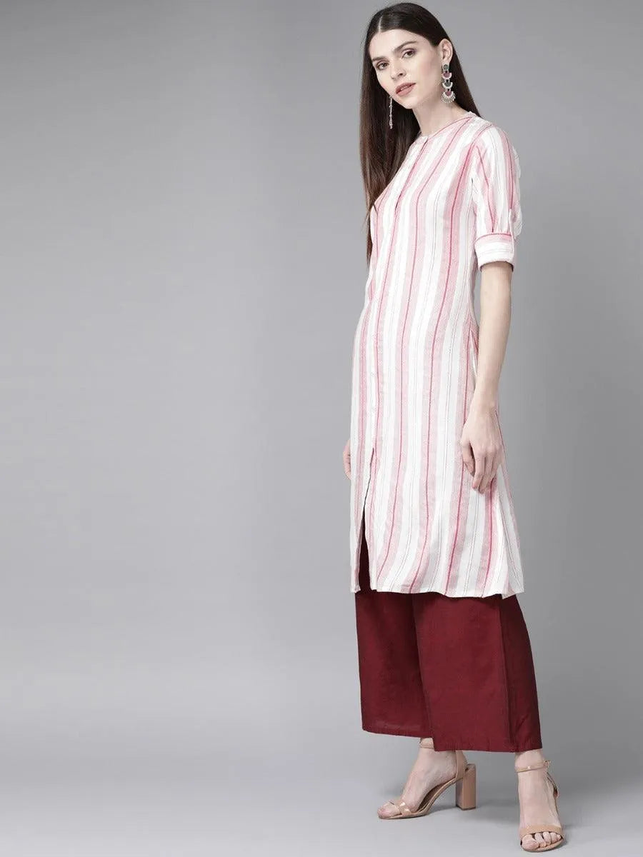 White Striped Rayon Kurta - Libas