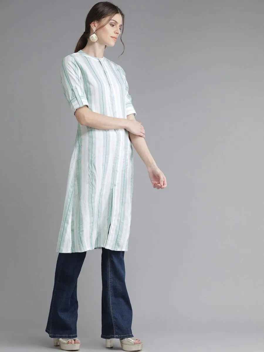 White Striped Rayon Kurta - Libas