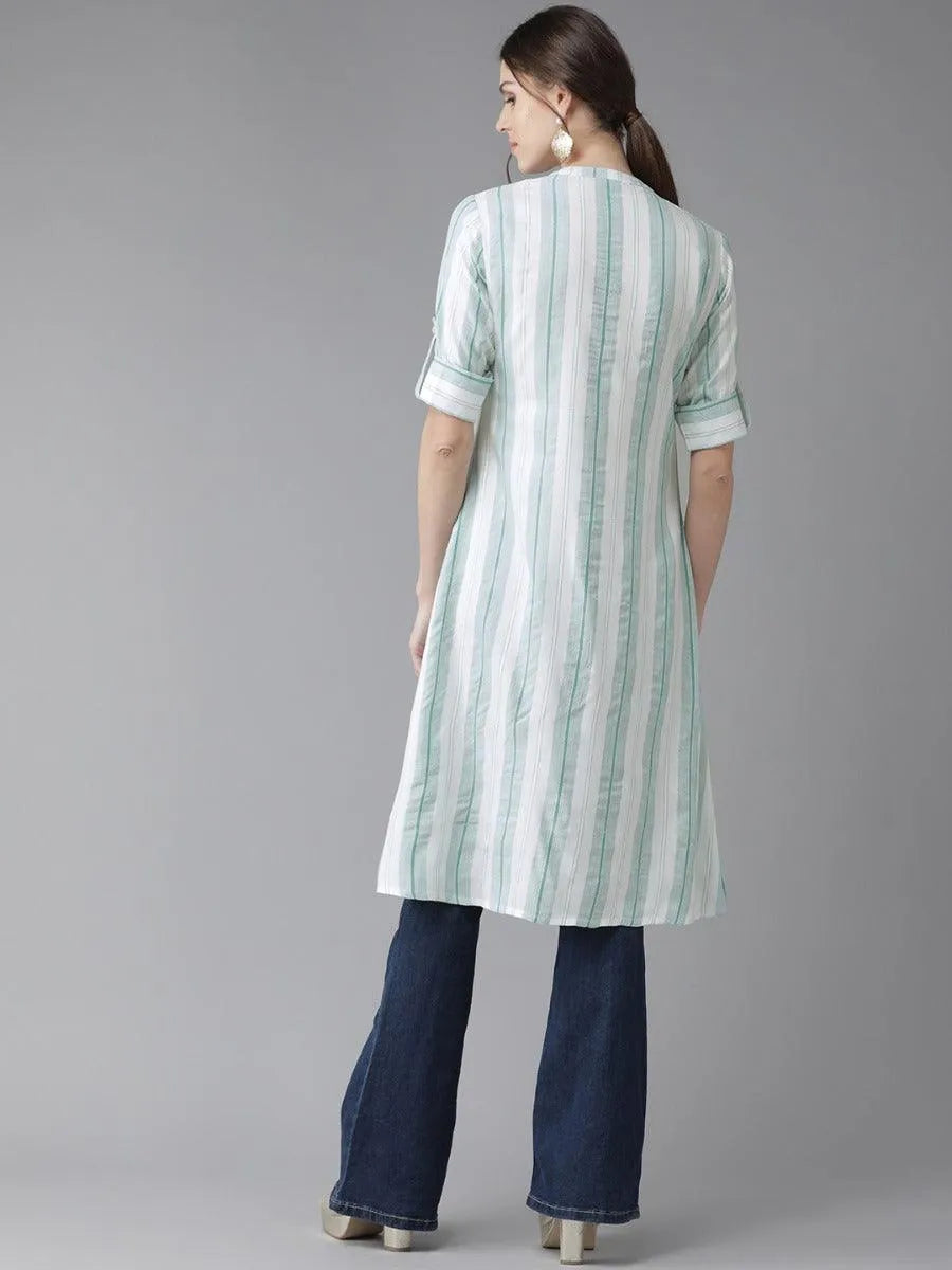 White Striped Rayon Kurta - Libas