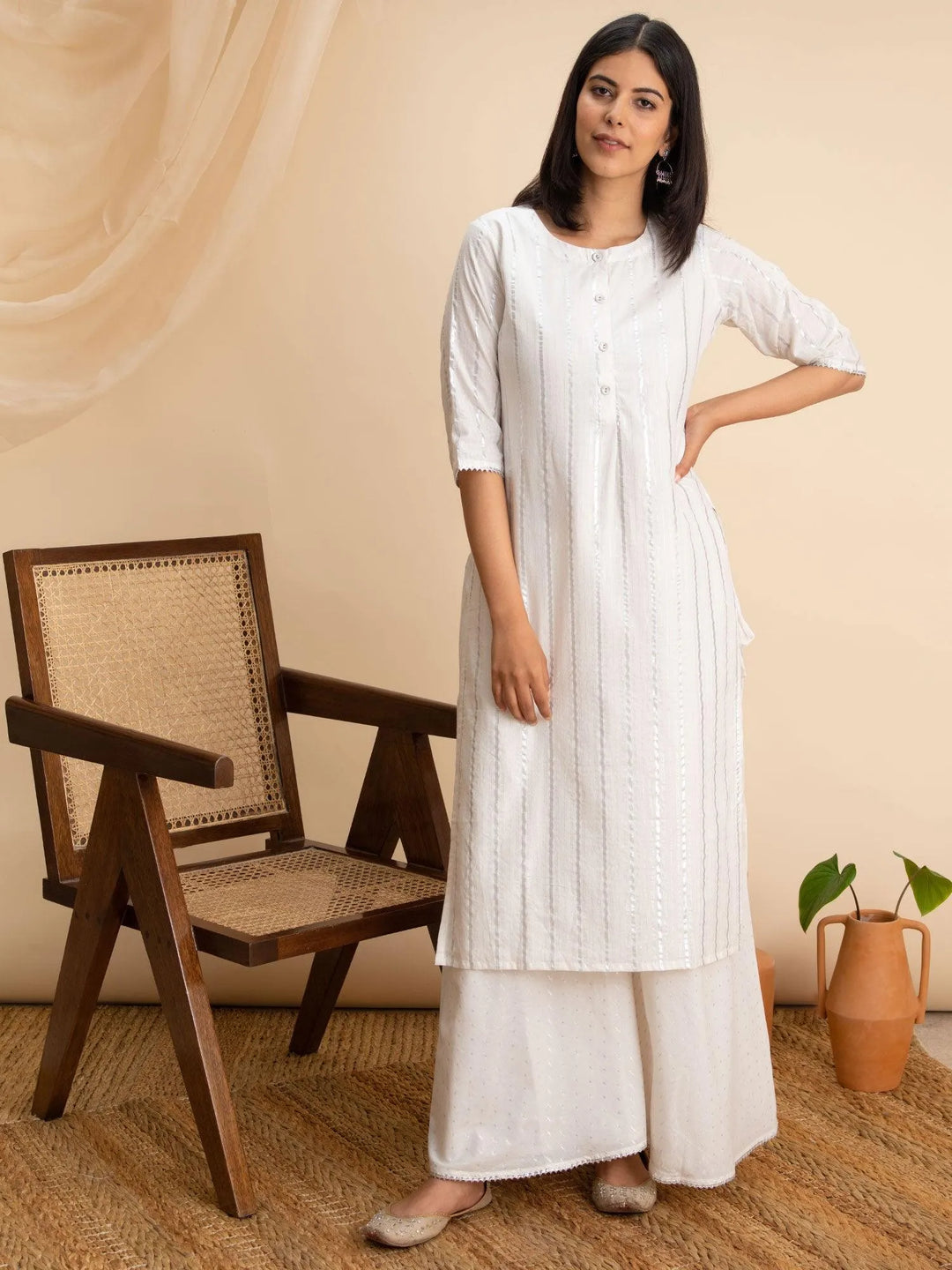 White Woven Design Cotton Kurta - Libas 