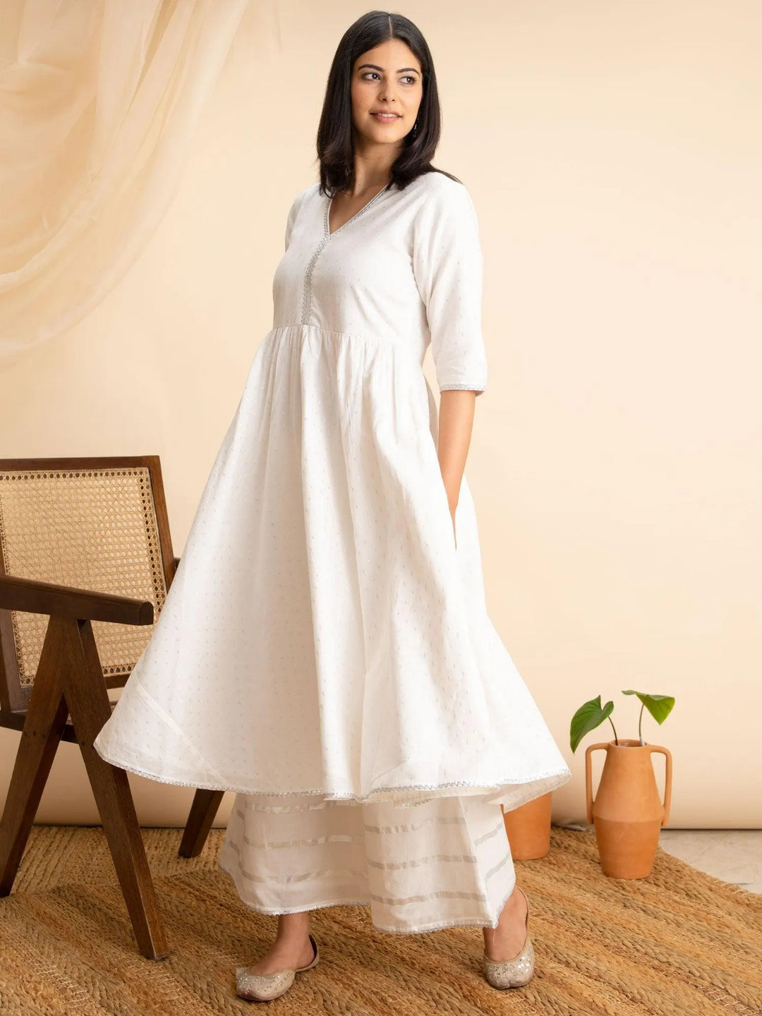 White Woven Design Cotton Kurta - Libas