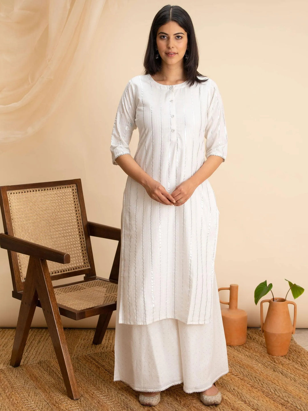 White Woven Design Cotton Kurta - Libas 