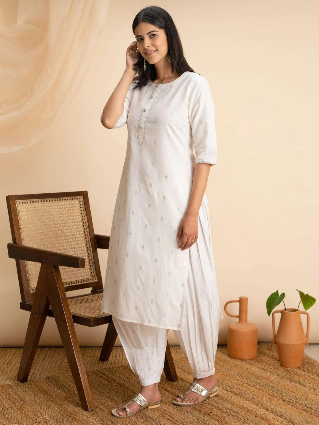 White Woven Design Cotton Kurta - Libas