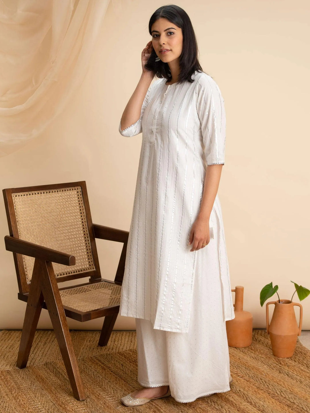 White Woven Design Cotton Kurta - Libas 