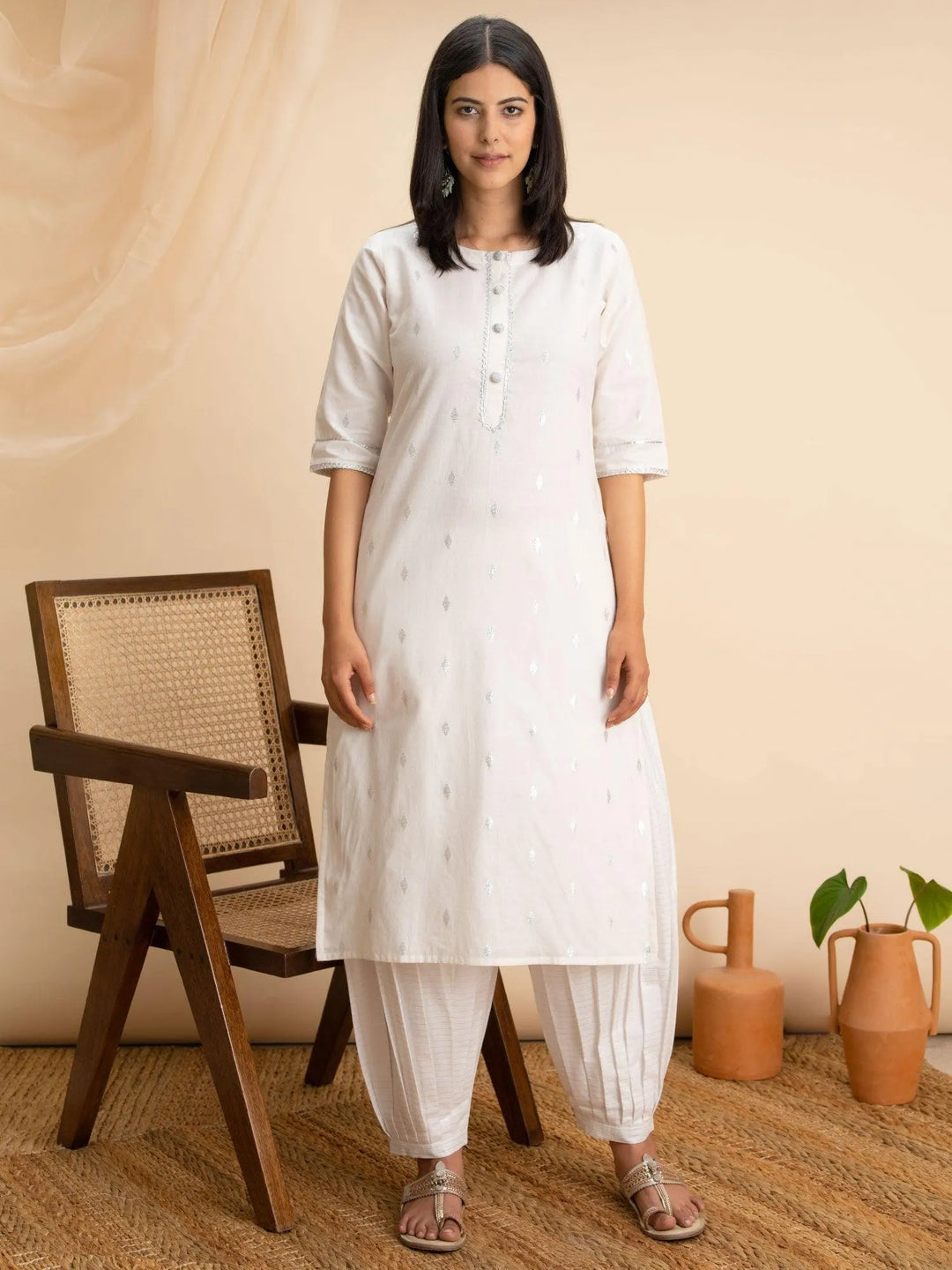 White Woven Design Cotton Kurta - Libas