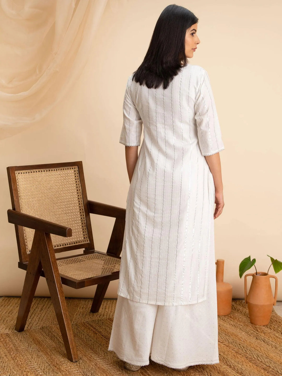 White Woven Design Cotton Kurta - Libas 