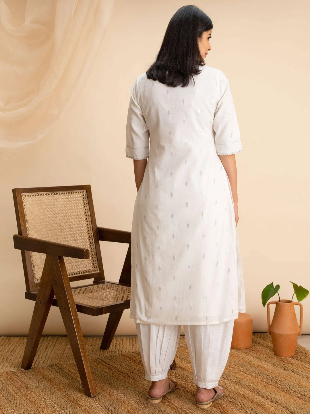 White Woven Design Cotton Kurta - Libas