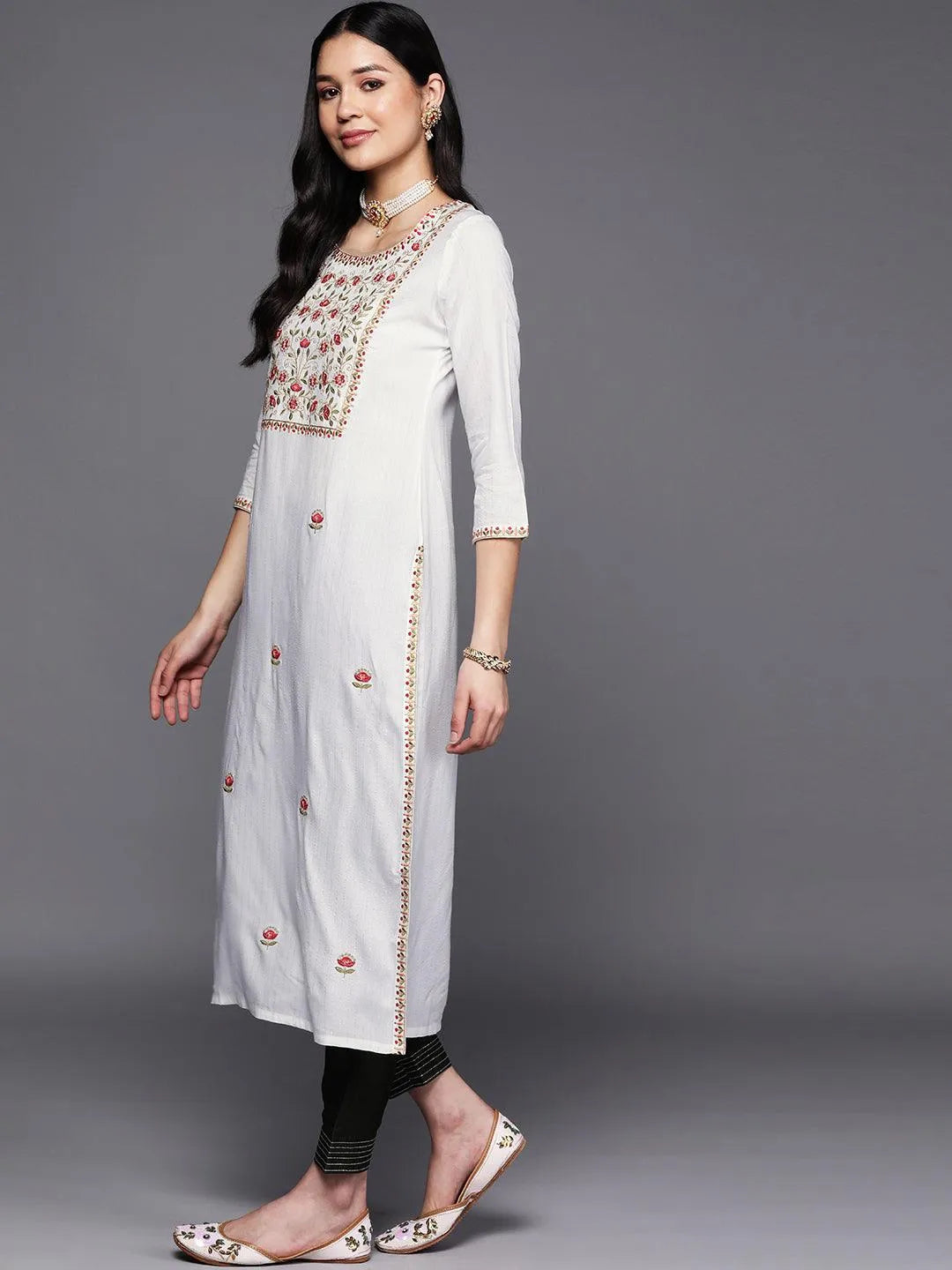 White Yoke Design Rayon Straight Kurta - Libas