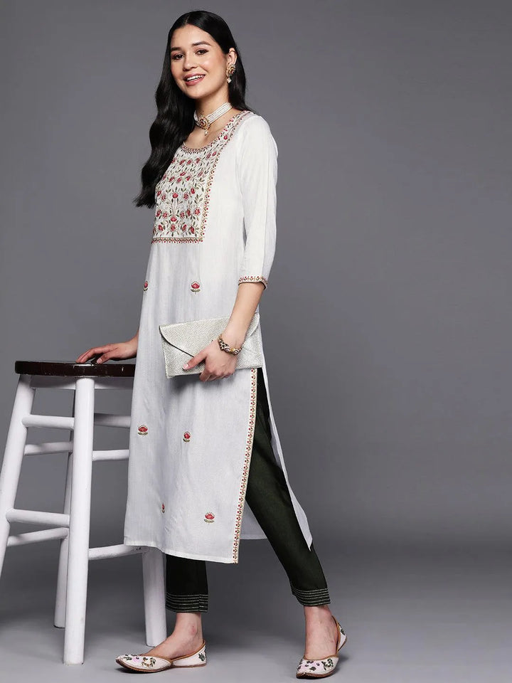 White Yoke Design Rayon Straight Kurta - Libas