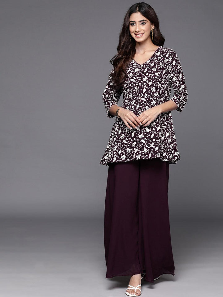 Wine Embellished Georgette Tunic With Palazzos - Libas