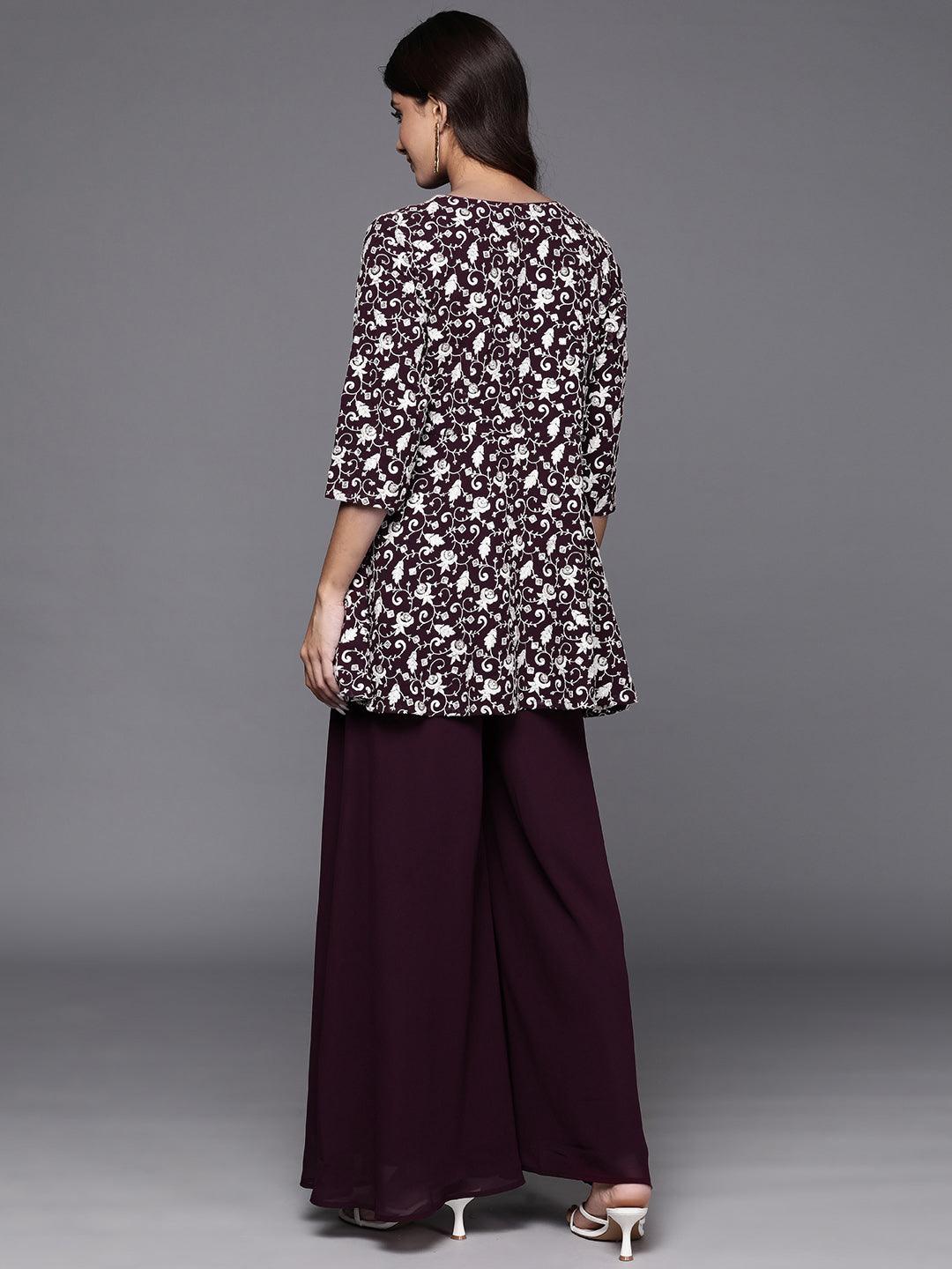 Wine Embellished Georgette Tunic With Palazzos - Libas