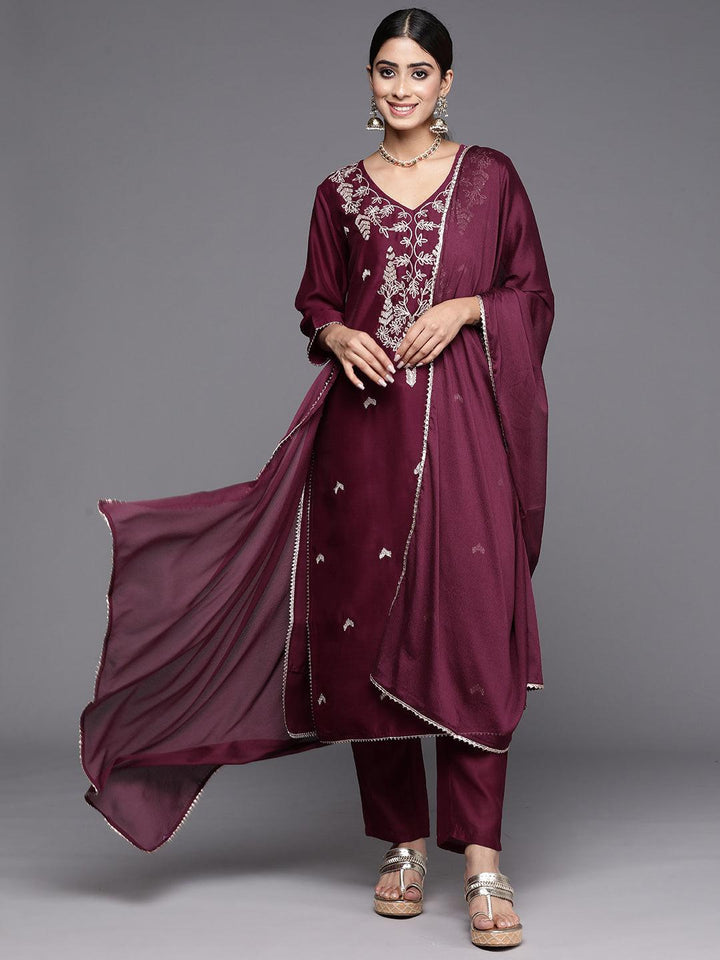 Wine Embroidered Chanderi Silk Straight Kurta With Trousers & Dupatta - Libas