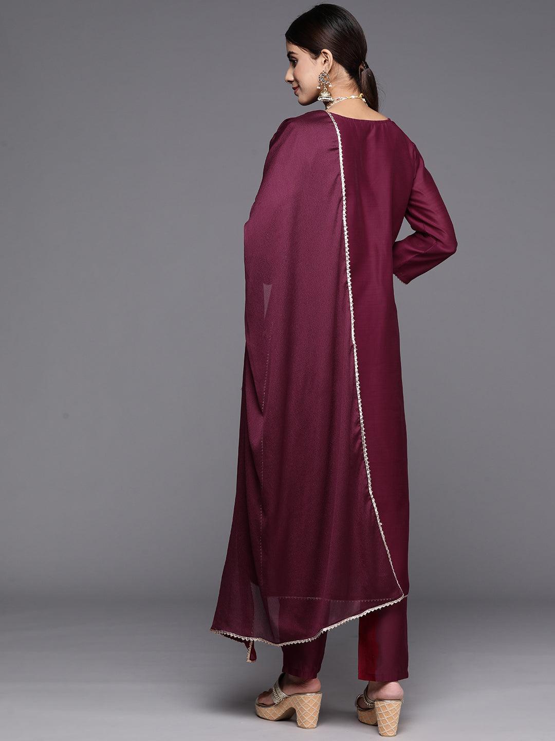 Wine Embroidered Chanderi Silk Straight Kurta With Trousers & Dupatta - Libas