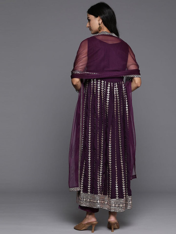 Wine Embroidered Georgette A-Line Kurta With Trousers & Dupatta - Libas