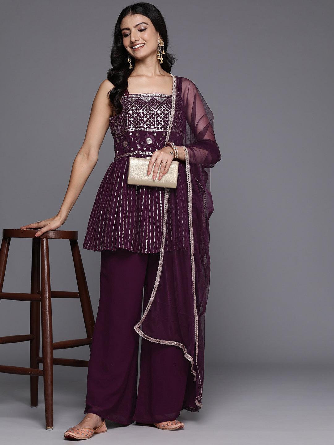 Wine Embroidered Georgette A-Line Kurti With Palazzos & Dupatta - Libas 