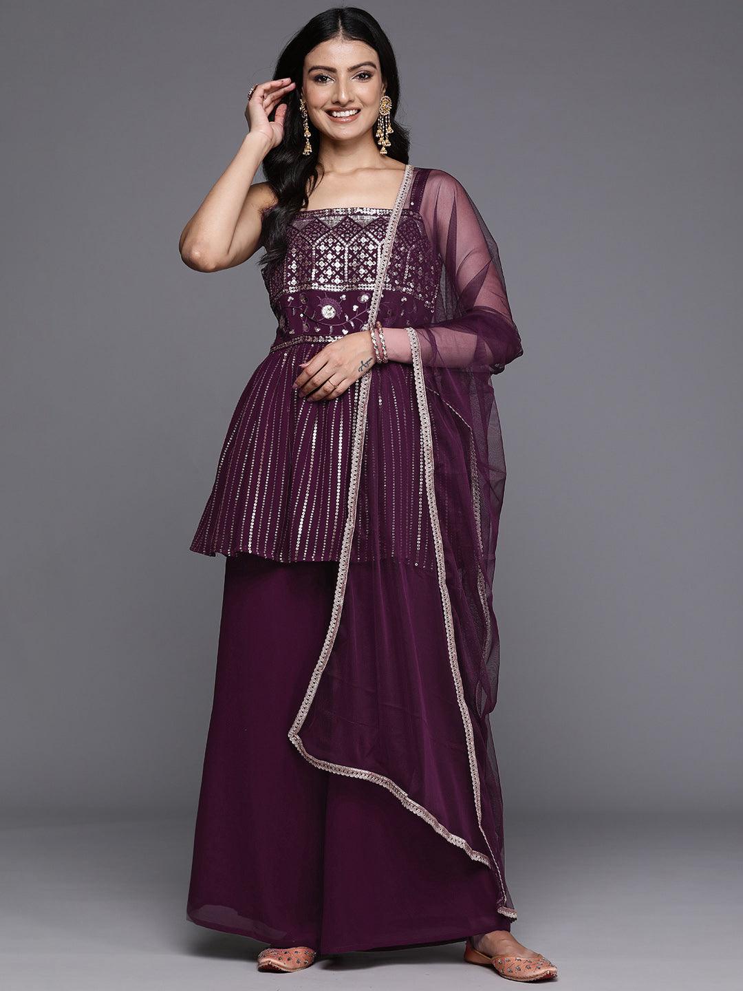 Wine Embroidered Georgette A-Line Kurti With Palazzos & Dupatta - Libas