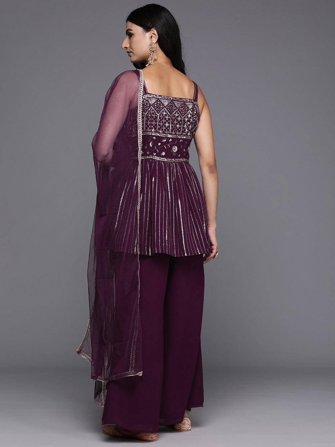 Wine Embroidered Georgette A-Line Kurti With Palazzos & Dupatta - Libas 