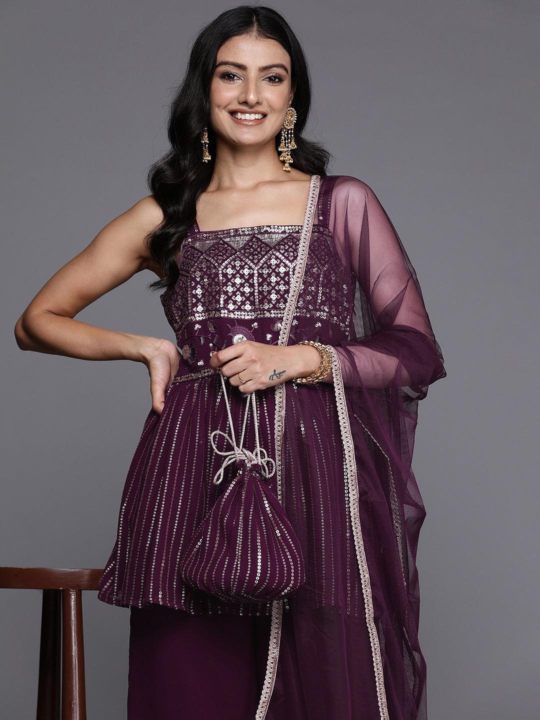 Wine Embroidered Georgette A-Line Kurti With Palazzos & Dupatta - Libas 